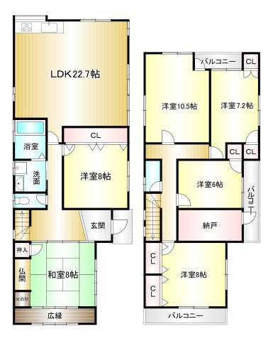 橿原市上品町　再生住宅の間取り|6SLDK　土地面積：172.52ｍ2　建物面積：174.71ｍ2　駐車2台可