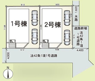 【区画図】 | 平塚市纒1丁目  2号棟 第23 | 2号棟　南側約4.0m公道・東側約4.4m公道　駐車2台（車種によります）