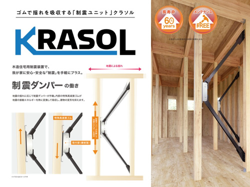 【構造・工法・仕様】 | 熊本地震前震（震度7相当）を1回、本震（震度7相当）を4回加えても、制震ダンパーを装着した耐震等級3相当の試験体は倒壊しないことを実証した制震ダンパー「KRASOL」を標準搭載