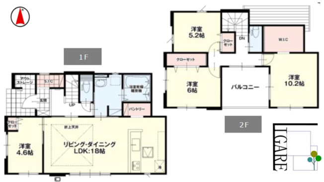 【間取り】 | 佐波郡玉村町福島　新築住宅 | 折上天井の18帖LDKにパントリーやSIC、アウトストレージを備えた充実の収納。2階にはW.I.C付き10.2帖主寝室とバルコニーを配置。全居室クローゼット付きで快適に暮らせる4LDKです