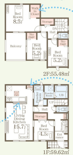 【間取り】 | 北群馬郡榛東村山子田　新築住宅 | 15.7帖のLDKに4.5帖の洋室が隣接し、2階には8.5帖の主寝室をはじめとする3洋室、WIC、バルコニーを備えた、収納スペースが充実して家族みんなが快適に暮らせる4LDKです。