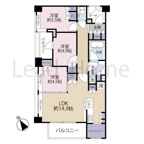 【間取り】 | ドレッセ世田谷下馬 | 全居室に収納があり南向きバルコニーから明るい光が差し込む3LDK！家具の配置もしやすい間取りです！