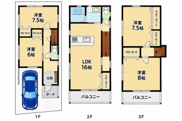 ゆとりあるLDK16帖を備えた3階建て4LDKの住まい！全居室6帖以上の広さを確保し、収納スペースも充実。2階・3階にはバルコニーを設置。駐車スペース付きで、ファミリーにもおすすめの間取りです♪