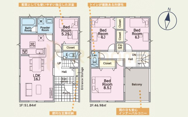 土浦市中高津第10　新築戸建て　3号棟の間取り|4LDK＋全居室収納、土地面積153.60m2、建物面積98.82m2

