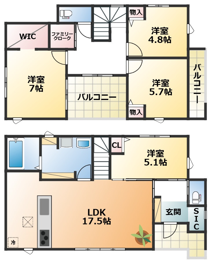 リガーレ宇都宮市西川田東町3期の間取り|南向きで陽当たりの良い間取りです