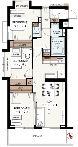 レーベンハイム常盤台の間取り|3LDK　59.94㎡　三面彩光の明るい角住戸！
各居室に収納スペースを確保してあります