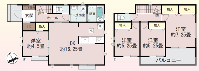 【間取り】 | 前橋市三俣町　新築住宅 | 約16.25畳のLDKに約4.5畳の洋室が隣接し、SICを備えた1階。2階には約7.25畳の主寝室を含む3洋室とバルコニーを配置。全居室物入付きで収納も豊富な暮らしやすい4LDKです。