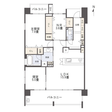 ヴェルシェーナ東石井の間取り|2LDKに納戸を備えたゆとりある間取りで、2面バルコニーによる通風の良さも非常に魅力的なお部屋です。