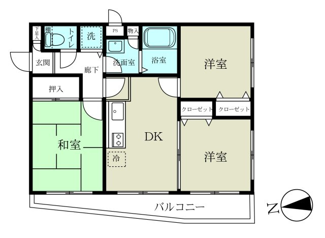 セザール第二秦野の間取り|南・西向きの両隣住戸無しの角部屋3DK
採光・通風良好です