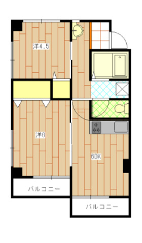 日焼ビルの間取り|DK6帖＋洋室6帖・4.5帖の2DK