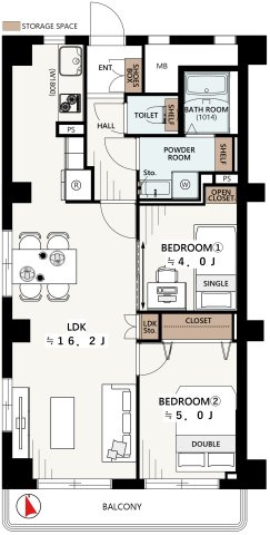上板橋サンライトマンションAH棟の間取り|2LDK　55.18㎡　南西角部屋　LDK16.2帖　陽当り・眺望良好です
節水効果のある食洗器付きキッチン窓があり匂い籠りせず安心です♪