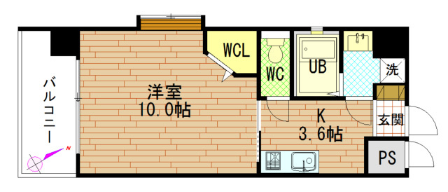 グラビスコート十日市の間取り|洋室10帖＋K3.6帖の1K
