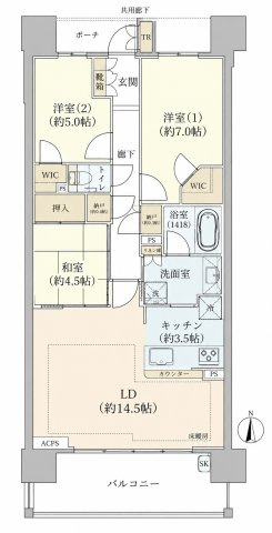 ラグナヒルズレジデンスアクアの間取り|3LDK・専有面積79.15㎡（壁芯）。ウォークインクローゼット2ヶ所、納戸2ヶ所、トランクルーム付
