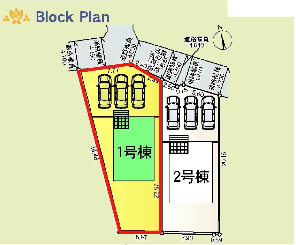 新築　佐波郡玉村町川井第２　クレイドルガーデン　１号棟の区画図|1号棟　区画図　北側接道幅員約4ｍ			
	
