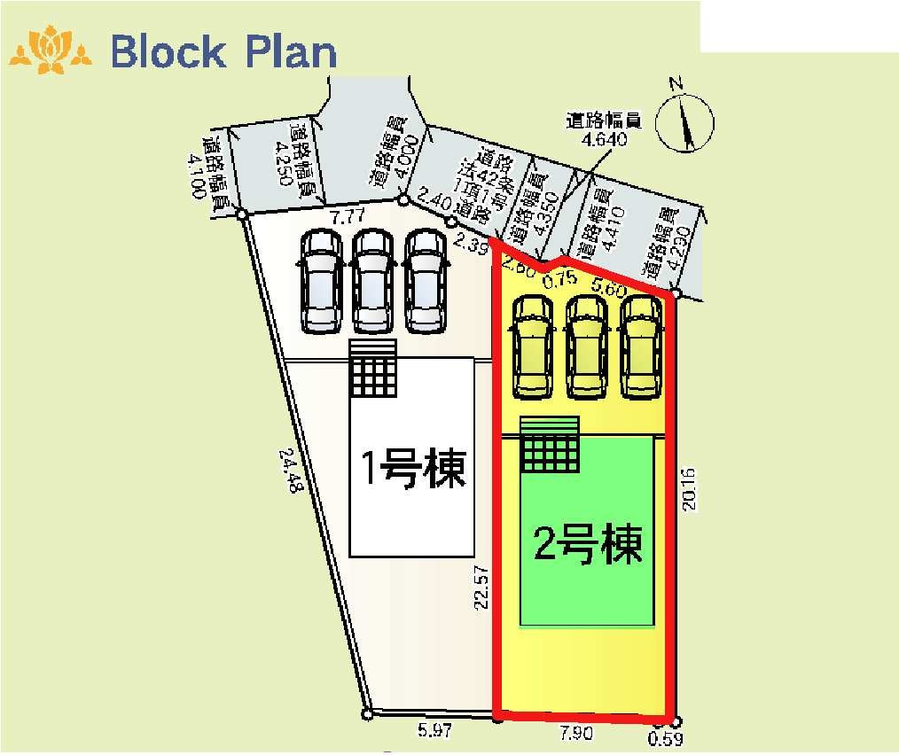 新築　佐波郡玉村町川井第２　クレイドルガーデン　2号棟の区画図|2号棟　区画図　北側接道幅員約4ｍ			
	
