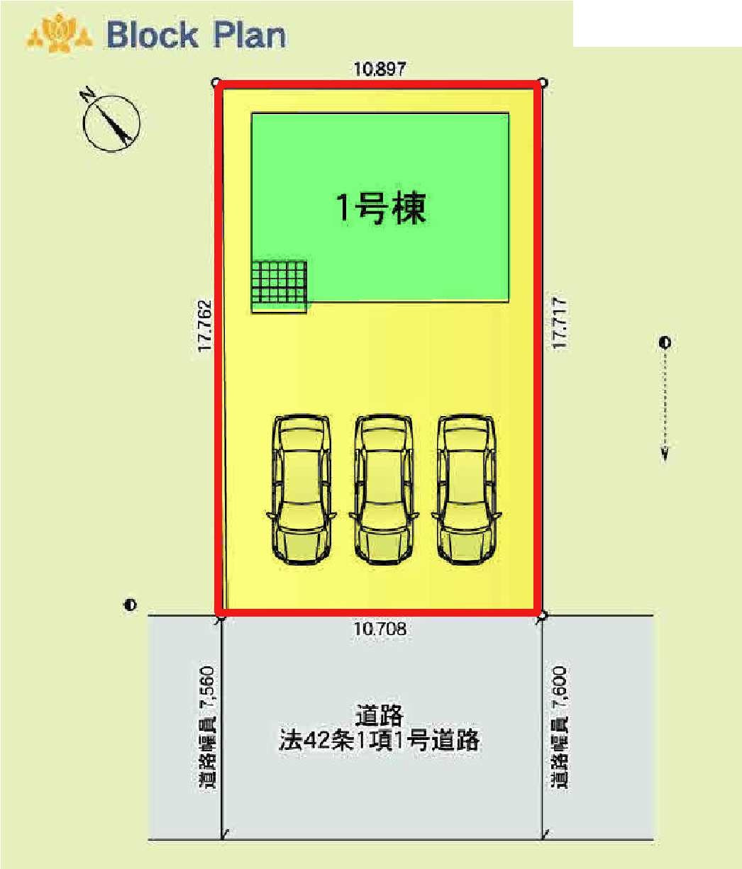 新築　伊勢崎市大正寺町第２　クレイドルガーデン　１号棟の区画図|1号棟　区画図　南西側接道幅員約7.5ｍ			
	
