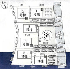 八王子市宮下町 第6　（全7棟）の区画図|全7棟のゆとりある開発分譲地です！敷地面積は全棟150㎡以上を確保しており、お車を2台から3台駐車できるスペースがございます。前面道路も整っておりご家族での出し入れもスムーズに行っていただけます。