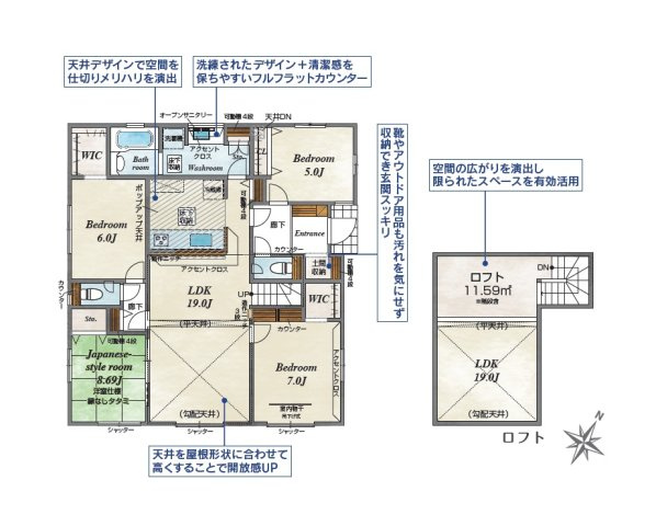 新築　桐生市相生町5丁目　2号棟　Blooming Gardenの間取り|4LDK　建物約30坪　ロフト付きの平屋住宅！広々19帖のリビング！部屋数豊富！洗面脱衣所は広々3帖！