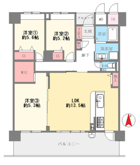 【間取り】 | ルナコート塚口 | ３LDKの間取りで新婚様からファミリー様におすすめの間取りです！南向きバルコニーで陽当たり良好です！！