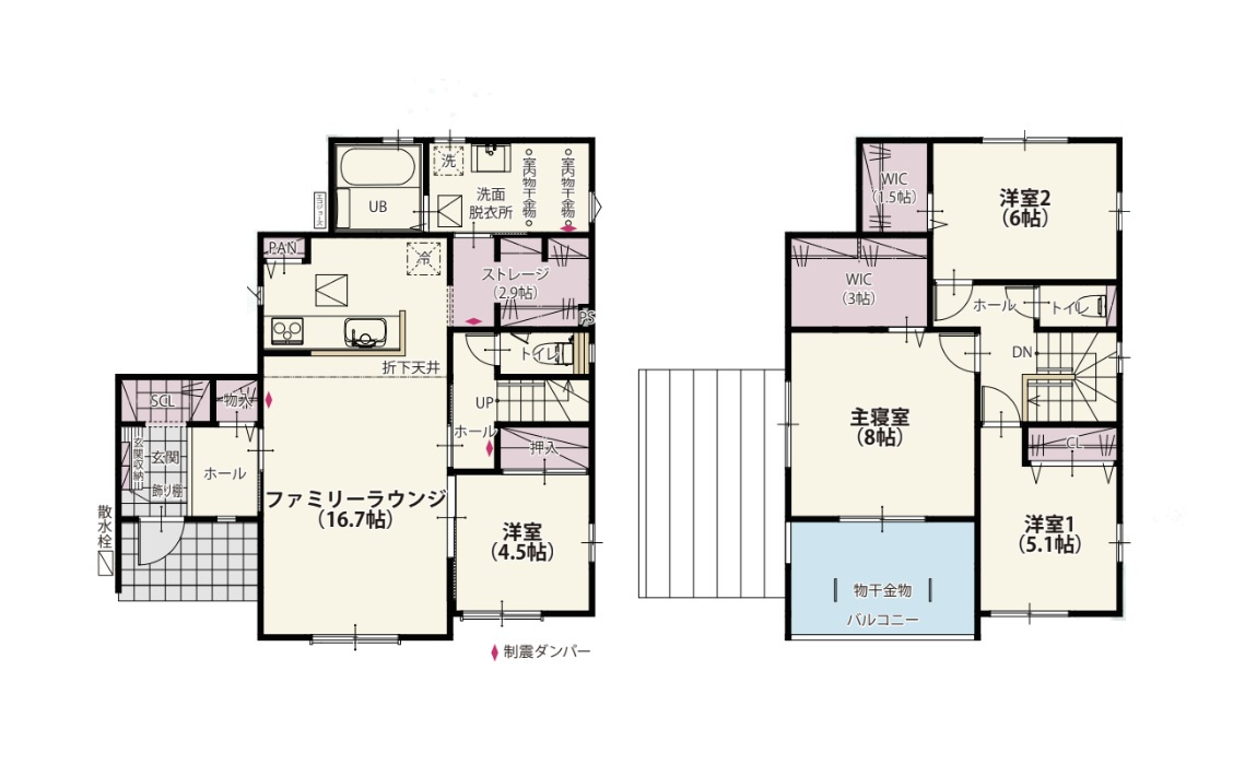 新築　太田市台之郷町第13期　1号棟の間取り|4LDK　建物約34坪　広々としてストレージルームはたっぷり収納できます！インナーバルコニーなので急な雨も安心！ウォークインクローゼットやシューズクロークもあり収納豊富なお家です！