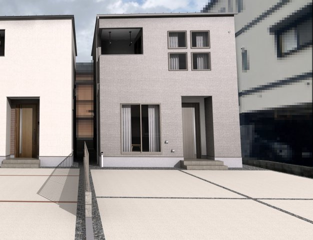 高知市百石町4丁目 ⑫ 新築戸建ての外観|⑫　　駐車2台可能なカースペースを備えた、すっきりと美しいシルエットの外観デザインです。平坦地に位置しており、毎日の車での移動はもちろん、お出かけや帰宅時もスムーズに行える住まいです。