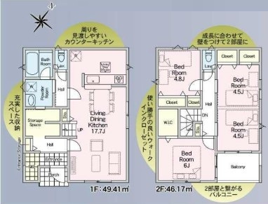 三郷市彦糸1丁目　全7棟　新築戸建　2号棟の間取り|WIC・玄関ホール収納・シューズインクロークと収納充実な邸宅です