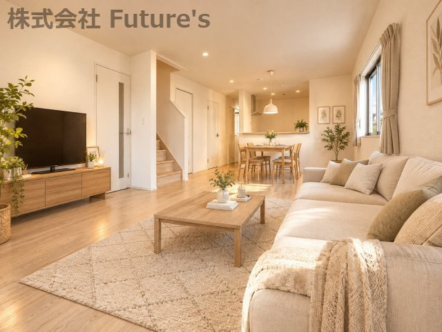 三郷市彦糸1丁目　全7棟　新築戸建　2号棟の居間・リビング|現況の物件写真にCGによる画像処理を行っています。家具、家電、小物、カーテン等はイメージはCGです。