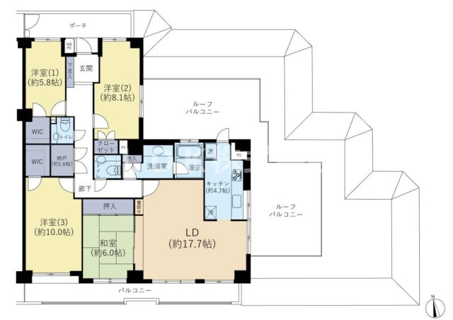 【間取り】 | 専属専任/ルネ志木グランテラス | 4LDK：126.01平米＋バルコニー面積：14.99平米＋ルーフバルコニー面積：44.20平米＋ポーチ面積：8.77平米＋アルコープ面積：1.20平米＝専用使用も含めた生活空間195.17平米