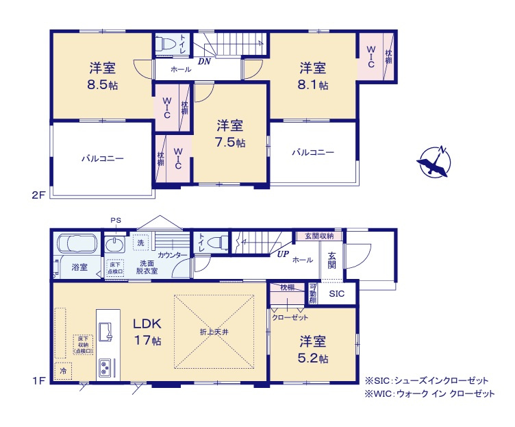 ケイアイフィット　水戸市住吉町　4期 　2の間取り|　
☆全室明るい南東向き、大容量の収納スペース付きです。洗面室は2WAY出入り口。回遊性のある間取りにしました。