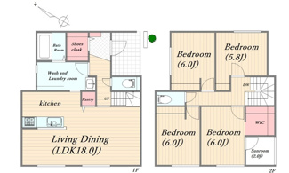 【間取り】 | 東広島市西条町御薗宇　NO12【54坪】 | 18帖の広々としたLDKに、家事の手間を軽減するランドリールームやパントリーを配置。玄関にはシューズインクローク、2階主寝室にはウォークインクロークとサンルームを備えた、収納力豊富な4LDKです。