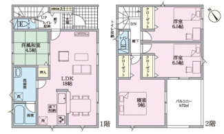 【間取り】 | 東広島市八本松飯田5丁目【JR八本松駅】（全4棟）No4 | 広々18帖のLDKと洋風和室が隣接する4LDK。2階は全居室6.5帖以上で全室収納付き。9帖の寝室や1・2階それぞれのトイレ収納など、ゆとりと実用性を備えた住空間です。