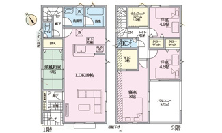 【間取り】 | 東広島市八本松飯田5丁目【JR八本松駅】（全4棟）No１ | 18帖LDKと和室が一体利用可能な4LDK。2階にはテレワークルームや2つのWIC、9.72㎡のルーフバルコニーを配置した収納力と機能性に優れた間取りです。