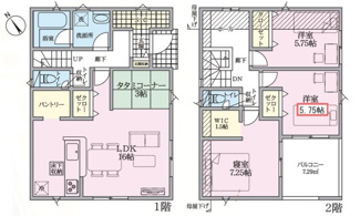 【間取り】 | 東広島市八本松飯田5丁目【JR八本松駅】（全4棟）No2 | 16帖のLDKに3帖のタタミコーナーが隣接する３SLDK。パントリーやSIC、WICなど収納設備が充実。1階と2階のそれぞれにトイレを配置した、暮らしやすさに配慮した間取りです。