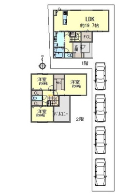 【土地図＋建物プラン例】 | 中石切町2丁目建築条件付き売土地 | 建物参考価格：2560万円（税込）
建物参考面積：106.51㎡（33.21坪）　木造2階建