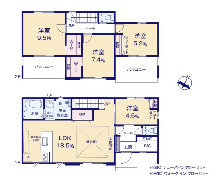 ケイアイフィット　水戸市住吉町　4期 　4の間取り|　
☆全居室に大容量の収納スペース付きです。家族の気配が感じられて安心するリビング階段です。1階4.6帖洋室はテレワーク、キッズルーム、納戸にも◎