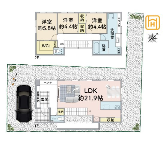 宝塚市中州2丁目新築一戸建て│3LDK+駐車1台可の間取り|※現況と図面が異なる場合現況を優先いたします。
