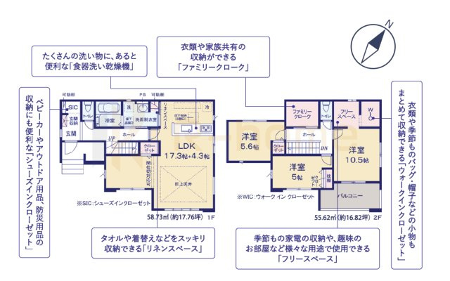 取手市藤代南4期　新築戸建て　2号棟の間取り|3LDK＋WIC＋SIC＋FC、土地面積182.05m2、建物面積114.35m2