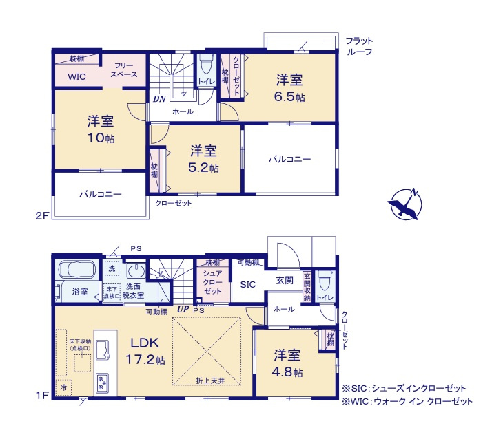 ケイアイフィット　水戸市住吉町　4期 　7の間取り|　
☆全居室に大容量の収納スペース付きです。家族の気配が感じられて安心するリビング階段です。1階4.8帖洋室は2WAY出入り口。テレワークにも◎全室明るい南東向きです。