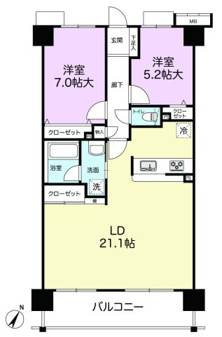 【間取り】 | アンピール空港西 | 家具配置がしやすい長方形のLDKは約２１帖！　ダイニングとリビングを心地よくゾーニングできます♪　７帖の主寝室も魅力です♪