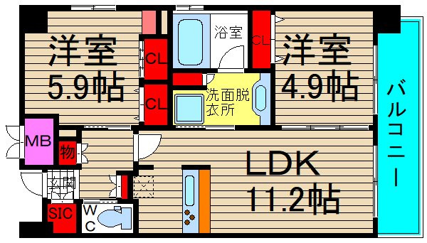 セレニテ心斎橋グランデの間取り|お部屋により床材や建具の色が違いますので現状有姿です