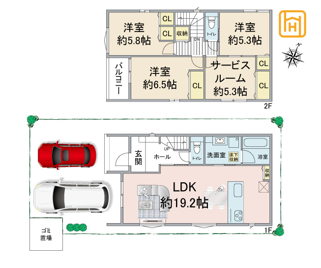 宝塚市山本野里1丁目新築一戸建て│3SLDK+並列駐車2台可(車種制限あり)の間取り|※図面と現況が異なる場合は、現況を優先します。