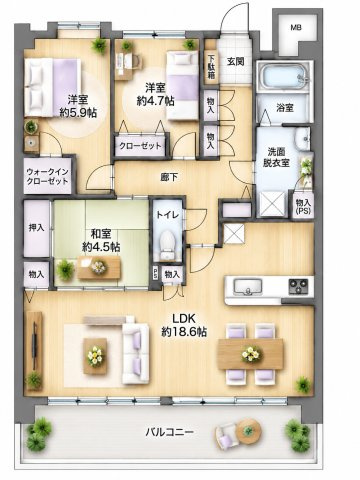 【間取り】 | アンピール千早駅南☆仲介手数料無料☆ | ※本図に表示されている家具・家電・照明・インテリア・観葉植物等は、AIによる配置イメージです。実際には設置されておらず、売買対象にも含まれません。図面と現況が相違する場合は、現況を優先いたします。