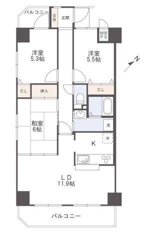 アルファステイツ桟橋通りの間取り|１５階建７階部分、角部屋の３LDKです。