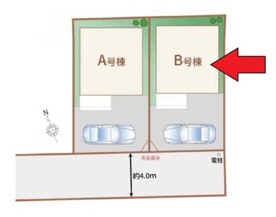  | 府中市西府町4丁目新築戸建 | 区画図。前面道路は車の通り抜けができないので、静かで安心な住環境です。