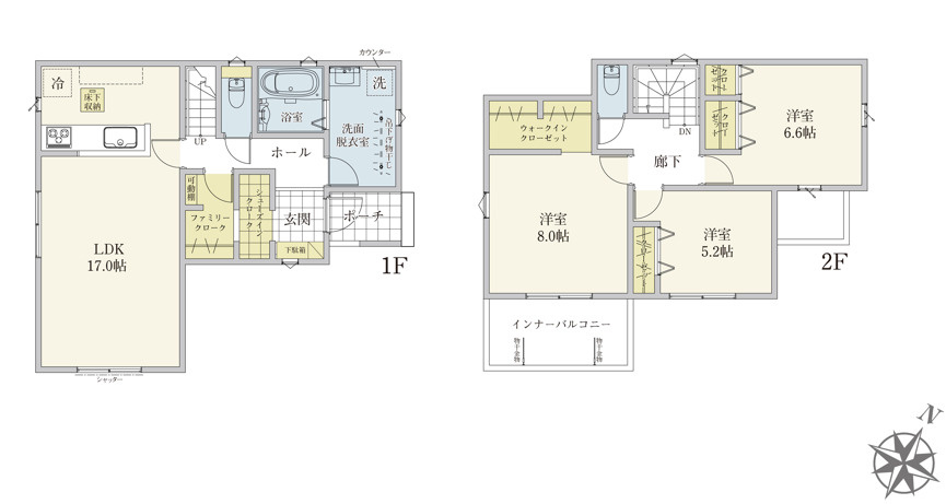 取手市新取手2丁目03期　新築戸建の間取り|玄関→洗面→LDKの回遊動線で「ただいま→手洗い」が自然にできる子育て世帯にうれしい設計です。