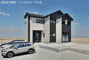 龍ケ崎市中根台2期　新築戸建　1号棟の外観パース|モノトーンの配色が映える、スタイリッシュな外観デザイン。完成後は明るく開放的な印象の街並みが広がります。