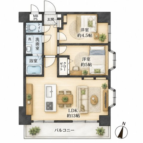 扶桑ハイツ南太田の間取り|2LDK、価格3199万円、専有面積52.26m2、バルコニー面積7.2m2 【LDK　13.0帖】 【洋室　5.0帖・4.5帖】   