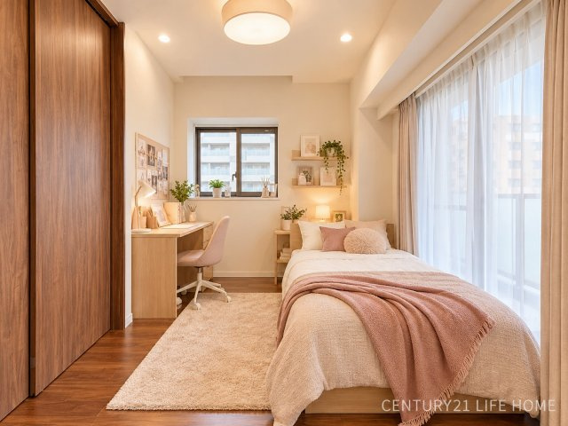 【子供部屋】 | 川崎パーク・ホームズ | 2面採光でお部屋の隅々まで明るい印象の居室。おひさまの光を、爽やかな風をたっぷりと取り込めます。居室内はいつも明るいので、毎日の生活も自然と明るくなりますね。※家具はCG加工です。