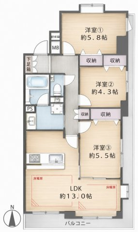 【間取り】 | 川崎パーク・ホームズ | 約13.0帖のLDKには新規設置の床暖房を完備。各洋室（5.8帖・4.3帖・5.5帖）に収納を備えた3LDKです。角住戸ならではの2面採光設計で、風通しも良く心地よい快適な住まいを実現します。