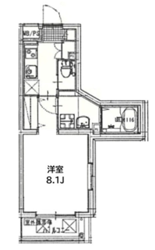 TFレジデンス鵜の木の間取り|南東向きバルコニーの1K洋室8帖バストイレ別独立洗面台！